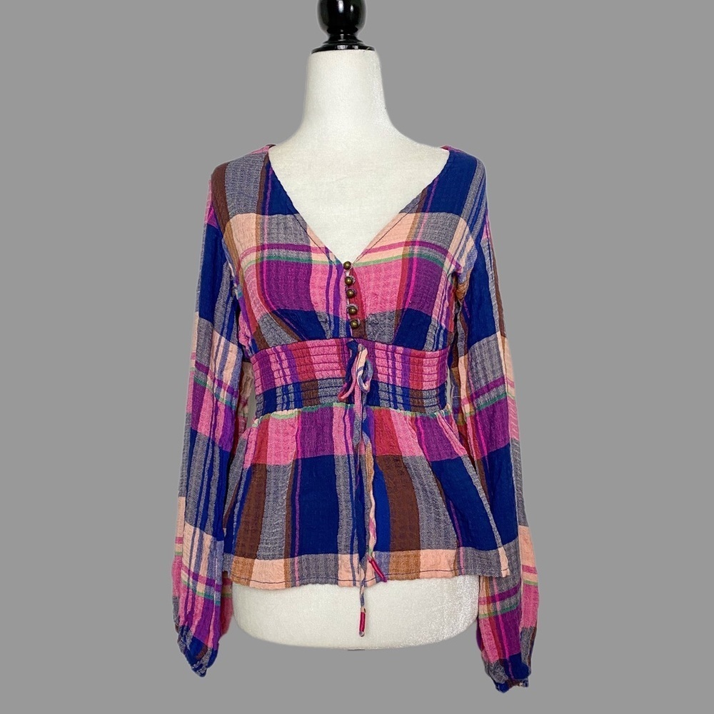 💛 XS 💛 NWT Anthro Blouse Plaid Smocked Waist V Neck Buttons Long Sleeves​